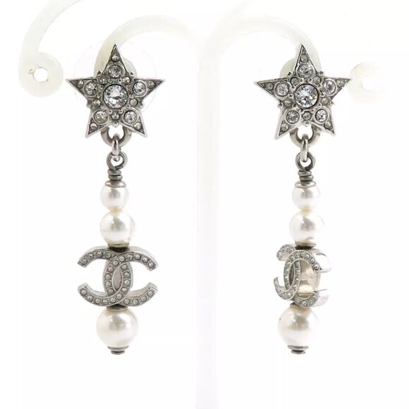 Auth CHANEL CC Logo Star Pierce Earrings Silver/White Metal/Faux Pearl - 55860i - Picture 13 of 14